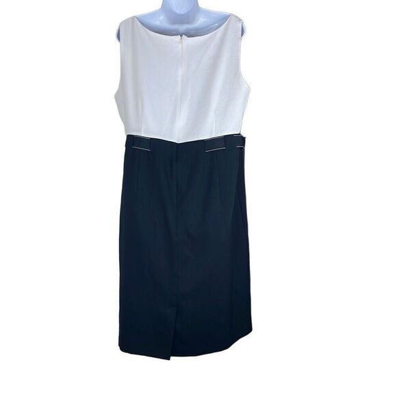 Studio I 18W Midi Sheath Dress Black Ivory Colorblock Square Neck Tie Waist Work - Picture 2 of 12